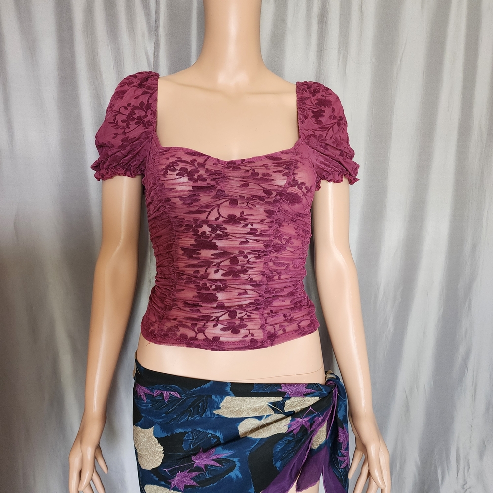 Elegant Ruched Semi Sheer Floral Blouse  Size XXS Burnout Velvet